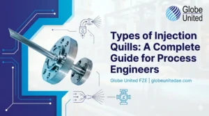 Guide to different types of injection quills for process engineers, featuring product diagrams and technical schematics from Globe United FZE.